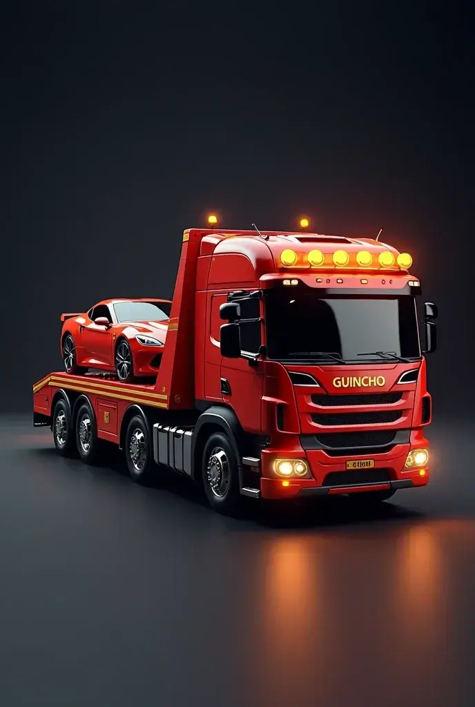 Caminhão-guincho vermelho com plataforma carregando um carro. Imagem ilustrativa.